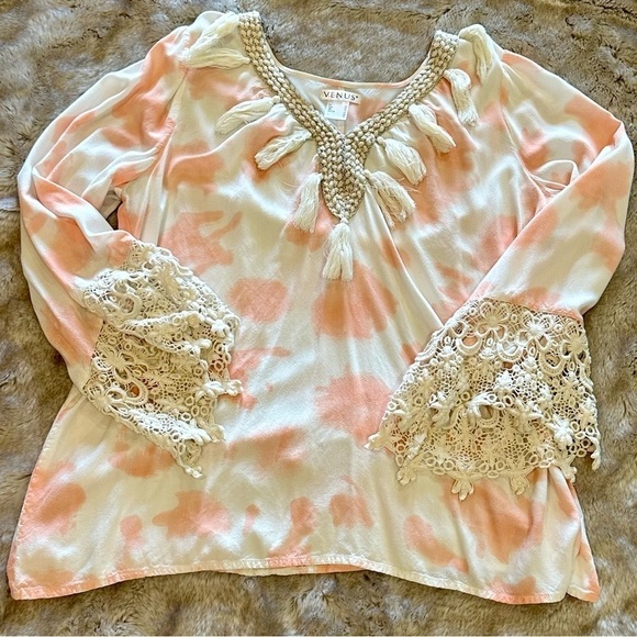 Venus Size 10 swimsuit coverup tassels, peach tie dye, very boho!​​​​​​ - Picture 1 of 12
